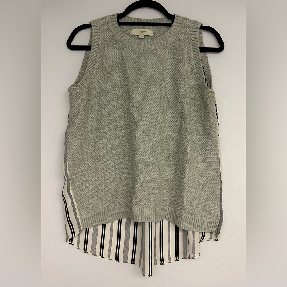 LOFT, Tank Top, Lt Grey/Navy/Ivory, Front Knit, Back Lightweight Fabric, Size L